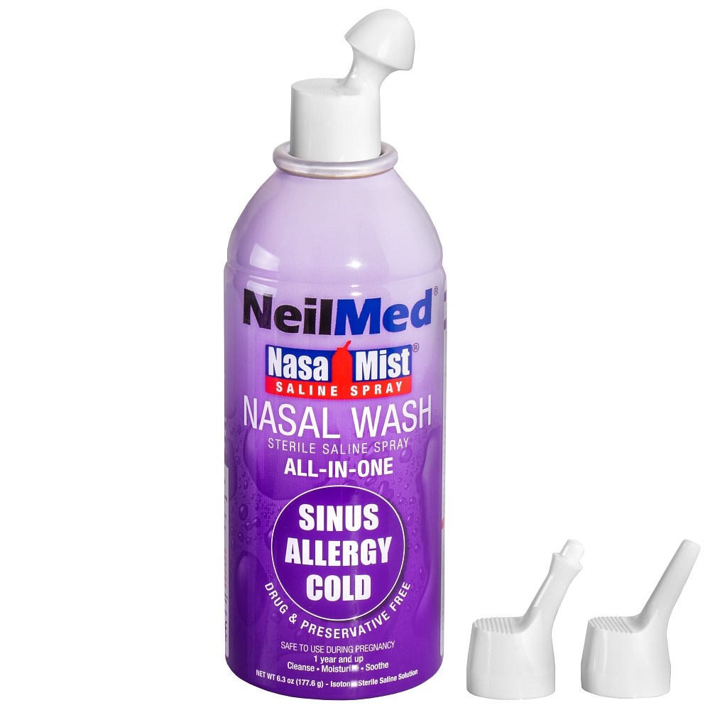 NasaMist® Saline Spray All-In-One to sterylny naturalny roztwór soli do przemywania nosa w postaci aerozolu z trzema końcówkami
