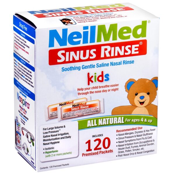 Zestaw uzupełniający Pediatric Kit dla dzieci to 120 saszetek z kojącym roztworem soli fizjologicznej do przemywania nosa.